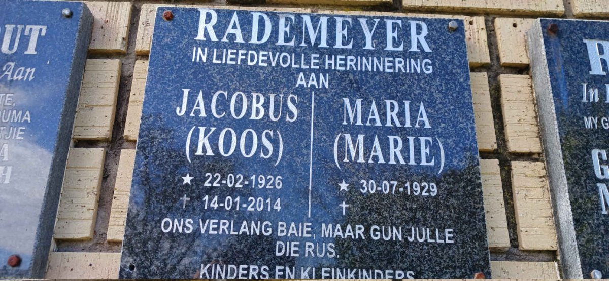 RADEMEYER Jacobus 1926-2014 &amp; Maria 1929-