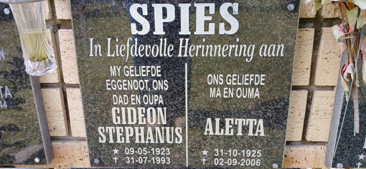SPIES Gideon Stephanus 1923-1993 &amp; Aletta 1925-2006