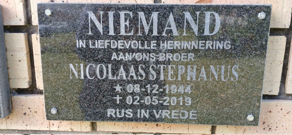 NIEMAND Nicolaas Stephanus 1944-2019