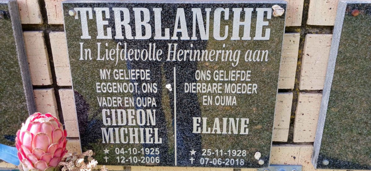 TERBLANCHE Gideon Michiel 1925-2006 &amp; Elaine 1928-2018