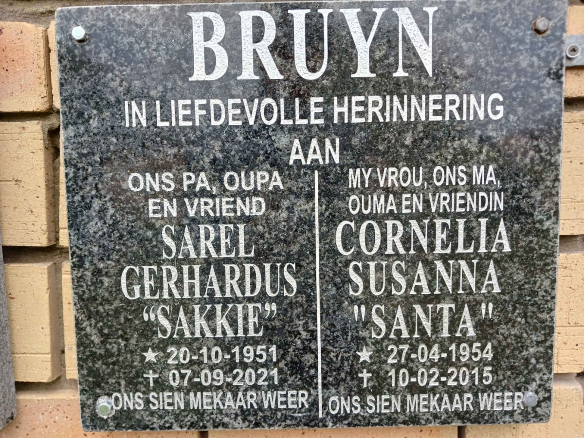BRUYN Sarel Gerhardus 1951-2021 &amp; Cornelia Susanna 1954-2015