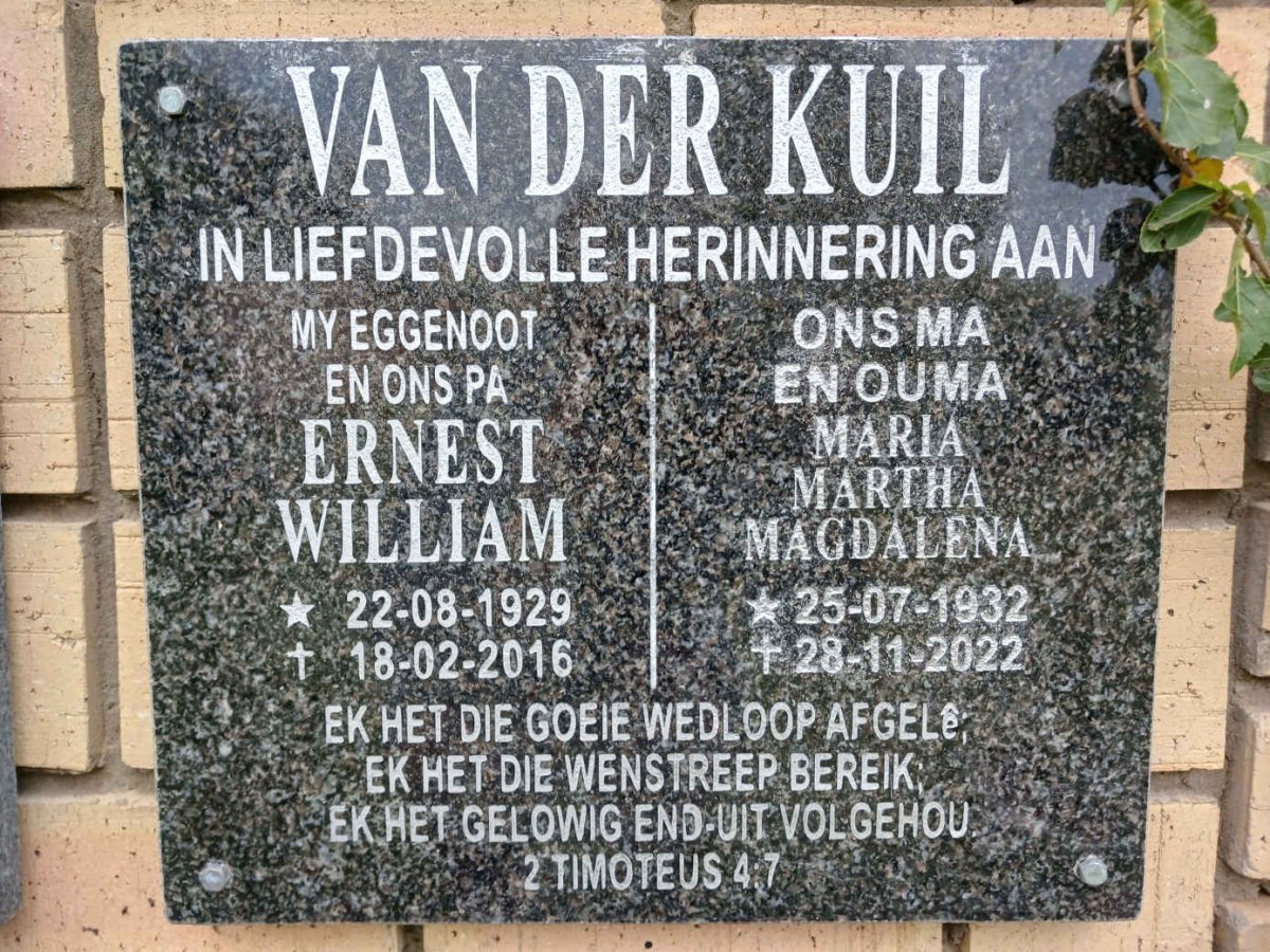KUIL Ernest William, van der 1929-2016 &amp; Maria Martha Magdalena 1932-2022