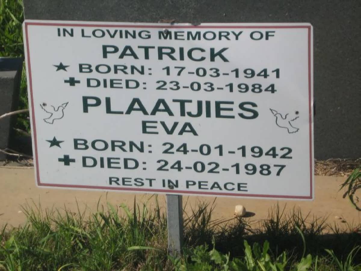 PLAATJIES Patrick 1941-1984 &amp; Eva 1942-1987