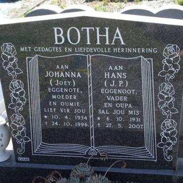 BOTHA J.P. 1931-2007 &amp; Johanna 1934-1996