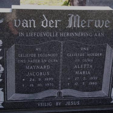 MERWE Maynard Jacobus, van der 1899-1975 &amp; Aletta Maria 1892-1980