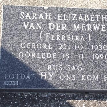 MERWE Sarah Elizabeth, van der nee FERREIRA 1930-1996