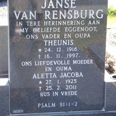 RENSBURG Theunis, Janse van 1916-1997 &amp; Aletta Jacoba 1925-2011