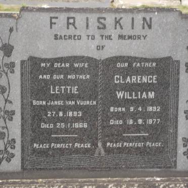 FRISKIN Clarence William 1892-1977 &amp; Lettie JANSE VAN VUUREN 1893-1968