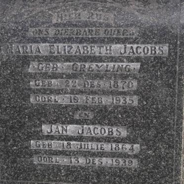 JACOBS Maria Elizabeth GREYLING 1870-1935 &amp; Jan 1864-1939