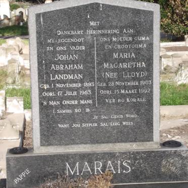 MARAIS Johan Abraham Landman 1893-1963 &amp; Maria Magaretha LLOYD 1903-1992