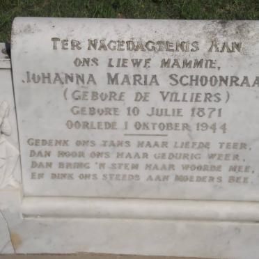 SCHOONRAAD Johanna Maria nee DE VILLIERS 1871-1944
