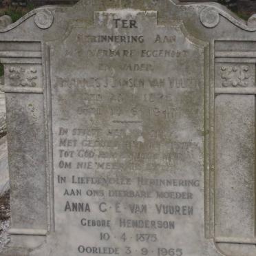 VUUREN Johannes J., jansen van 1875-1947 &amp; Anna C.E. HENDERSON 1875-1965