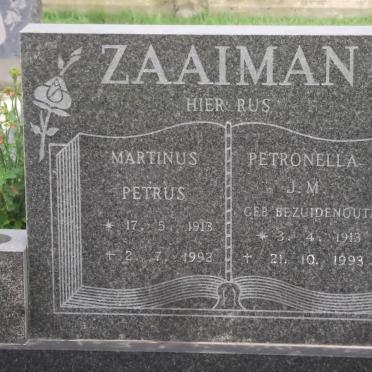 ZAAIMAN Martinus Petrus 1913-1992 &amp; Petronella J.M. BEZUIDENHOUT 1913-1993