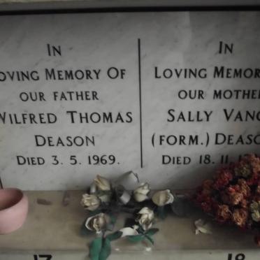 DEASON Wilfred Thomas -1969 &amp; VANCE Sally formerly DEASON -1985