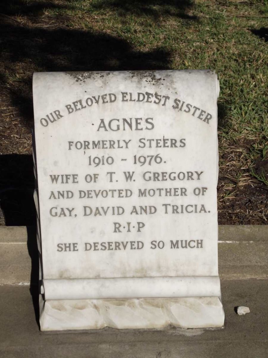 GREGORY  Agnes formerly STEERS 1910-1976