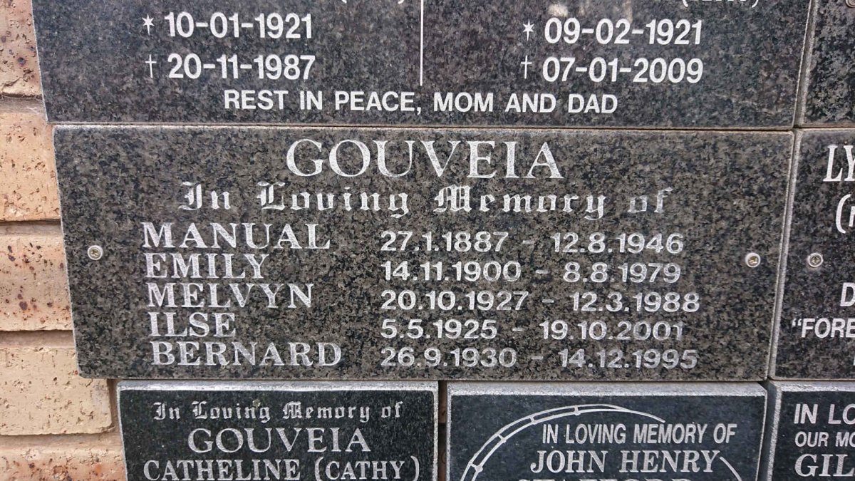 GOUVEIA Manual 1887-1946 :: Emily 1900-1979 :: Melvyn 1927-1988 :: Ilse 1925-2001 :: Bernard 1930-1995