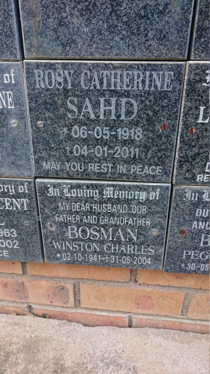 SAHD Rosy Catherine 1918-2011 :: BOSMAN Winston Charles 1941-2004