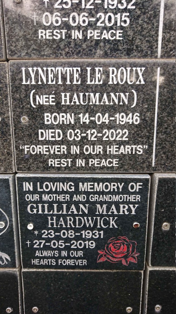 ROUX Lynette, le nee HAUMANN 1946-2022 :: HARDWICK Gillian Mary 1931-2019