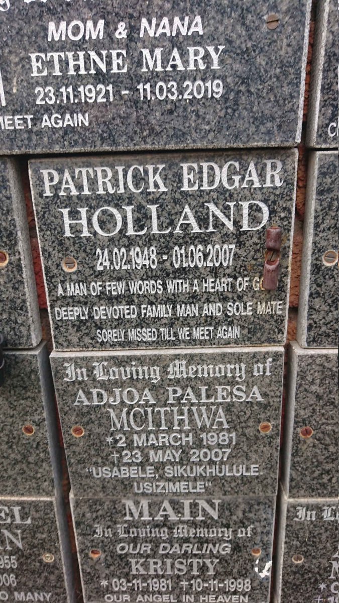 HOLLAND Patrick Edgar 1948-2007 :: MCITHWA Adjoa Palesa 1981-2007