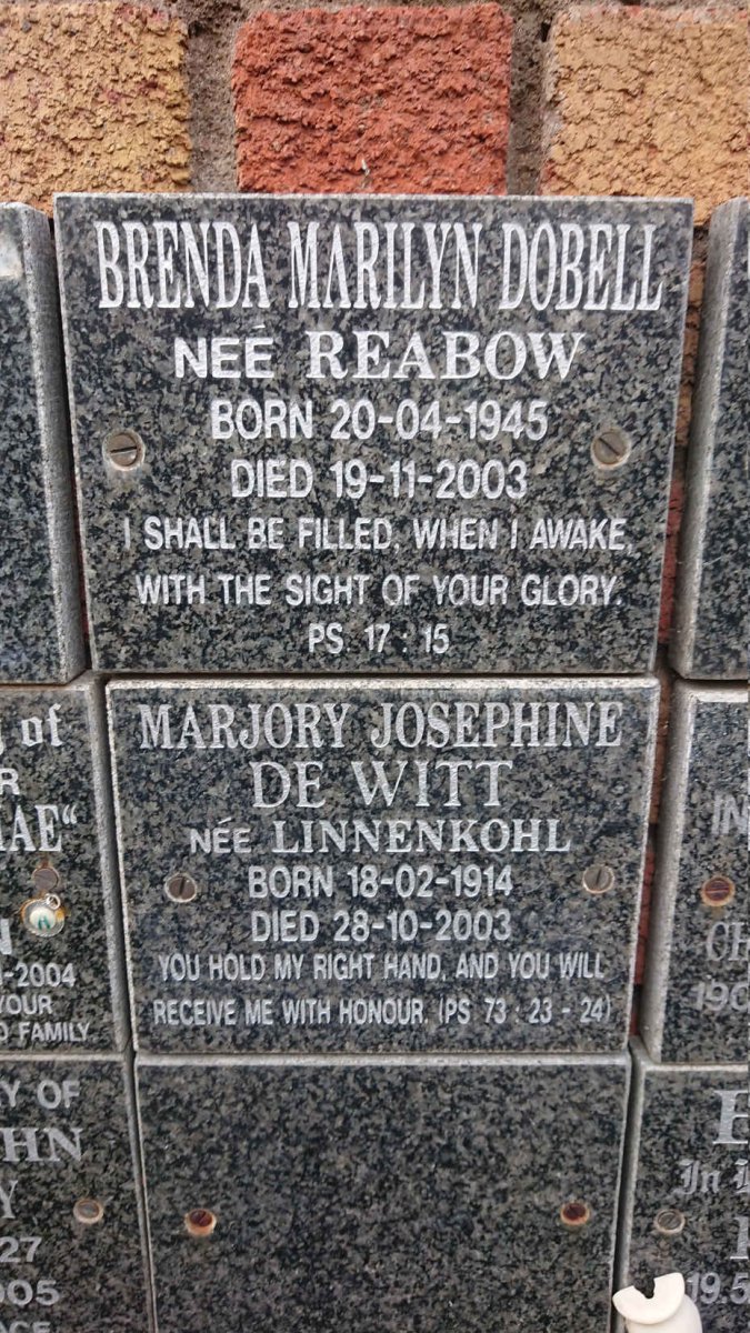 DOBELL Brenda Marilyn nee REABOW 1945-2003 :: WITT Marjory Josephine, de nee LINNENKOHL 1914-2003 