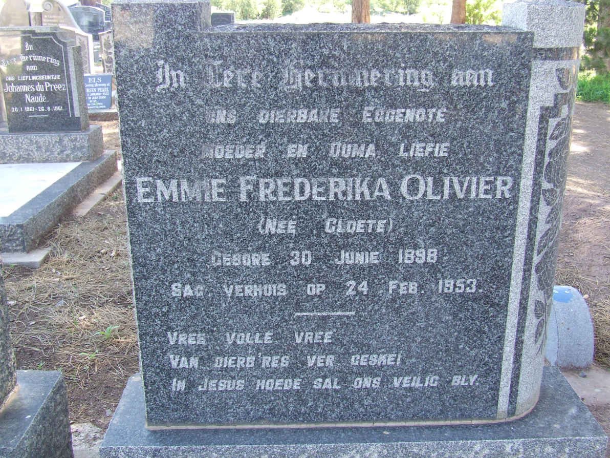 OLIVIER Emmie Frederika nee CLOETE 1898-1953