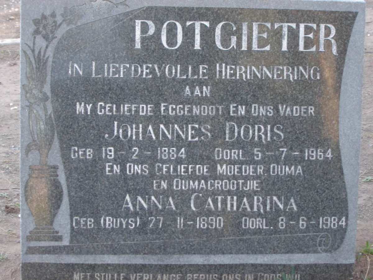 POTGIETER Johannes Doris 1884-1964 &amp; Anna Catharina BUYS 1890-1984