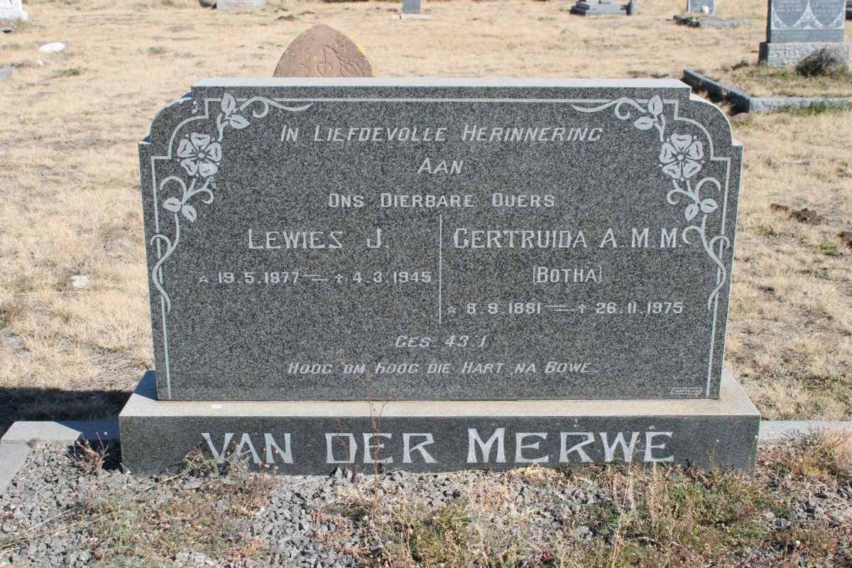 MERWE Lewies J., van der 1877-1945 &amp; Gertruida A.M.M. BOTHA 1881-1975