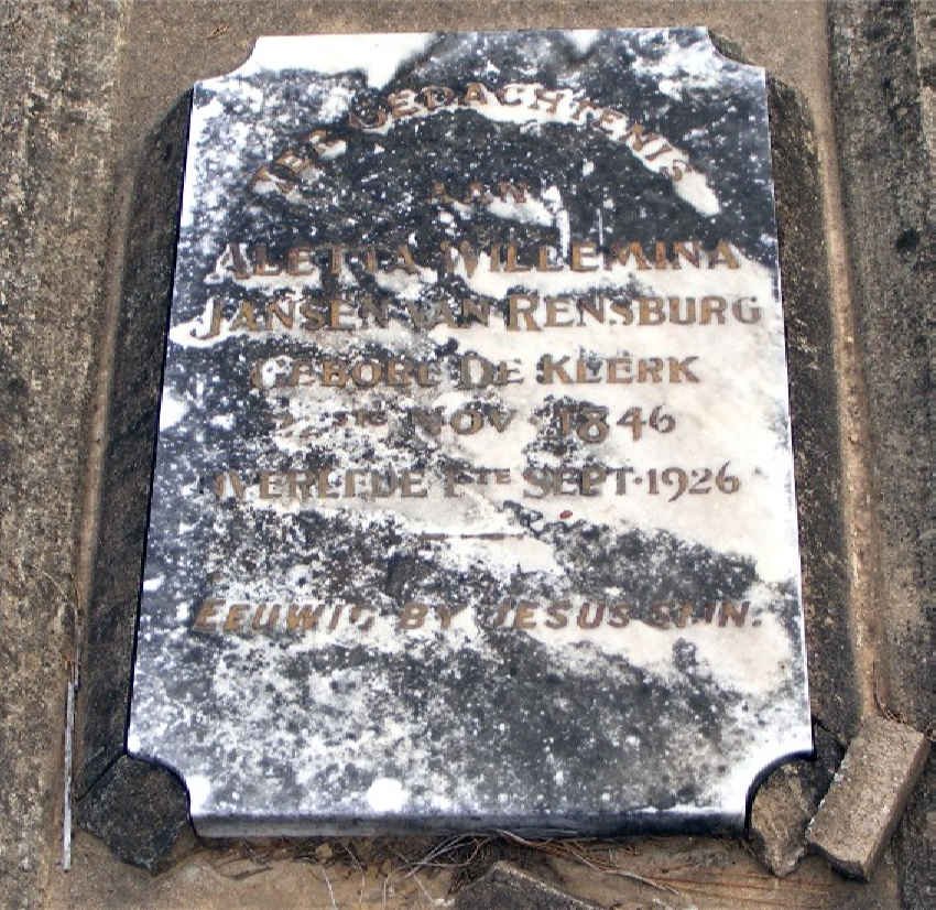RENSBURG Aletta Willemina, Jansen van nee DE KLERK 1846-1926
