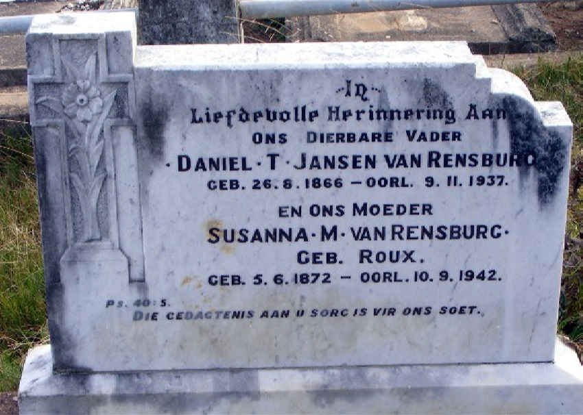RENSBURG Daniel T., Jansen van 1866-1937 &amp; Susanna M. ROUX 1872-1942
