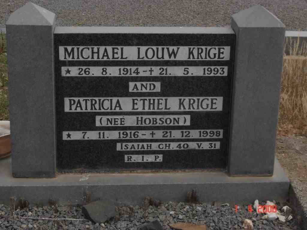 KRIGE Michael Louw 1914-1993 &amp; Patricia Ethel HOBSON 1916-1998