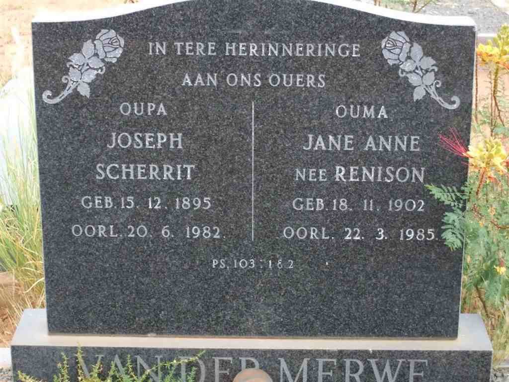 MERWE Joseph Scherrit, van der 1895-1982 &amp; Jane Anne RENISON 1902-1985