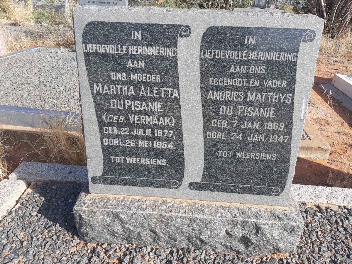 PISANIE Andries Matthys, du 1869-1947 &amp; Martha Aletta VERMAAK 1877-1954
