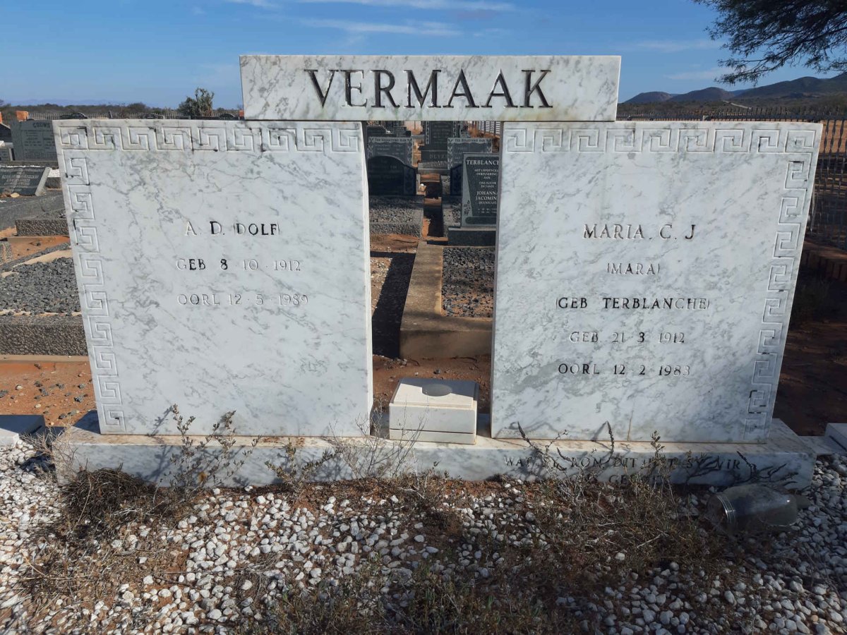 VERMAAK A.D. 1912-1989 &amp; Maria C.J. TERBLANCHE 1912-1983