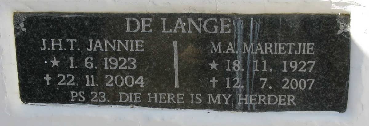 LANGE J.H.T., de 1923-2004 &amp; M.A. 1927-2007