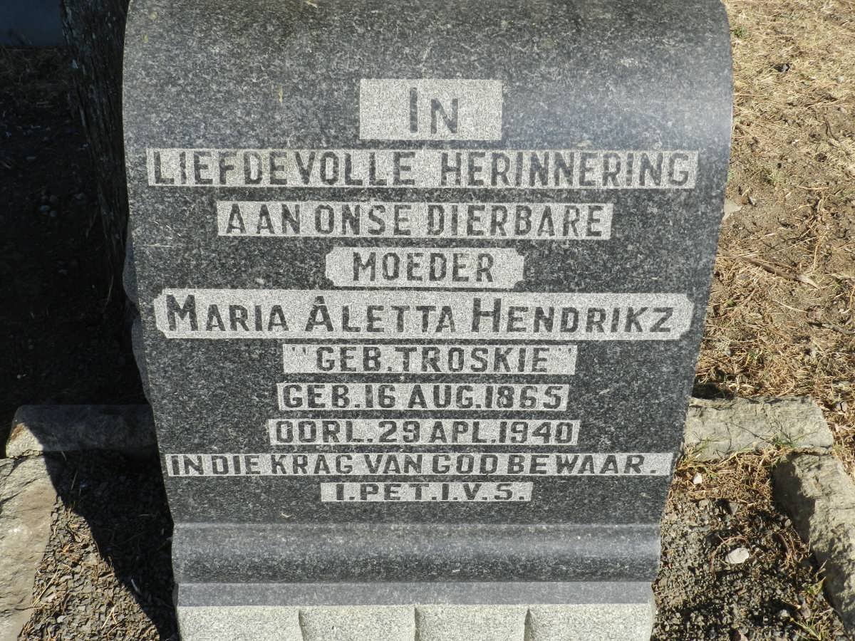 HENDRIKZ Maria Aletta nee TROSKIE 1865-1940