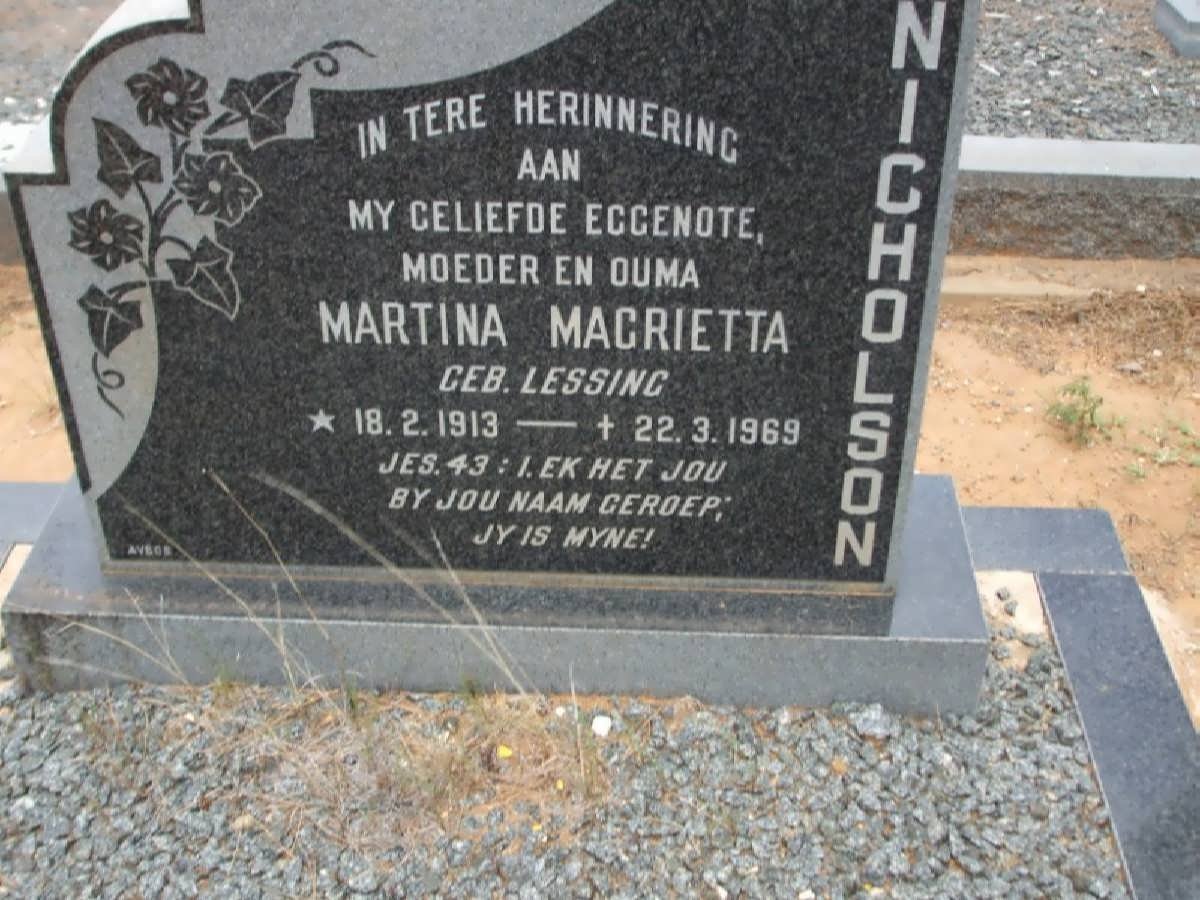 NICHOLSON Martina Magrietta nee LESSING 1913-1969
