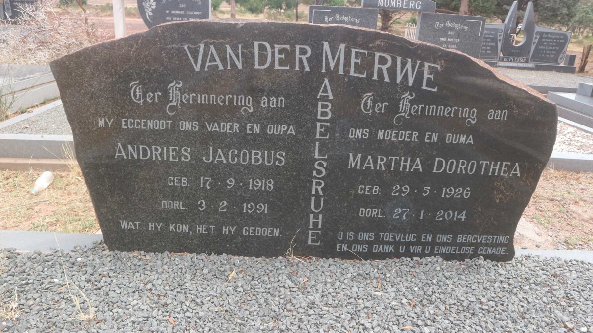 MERWE Andries Jacobus, van der 1918-1991 &amp; Martha Dorothea 1926-2014