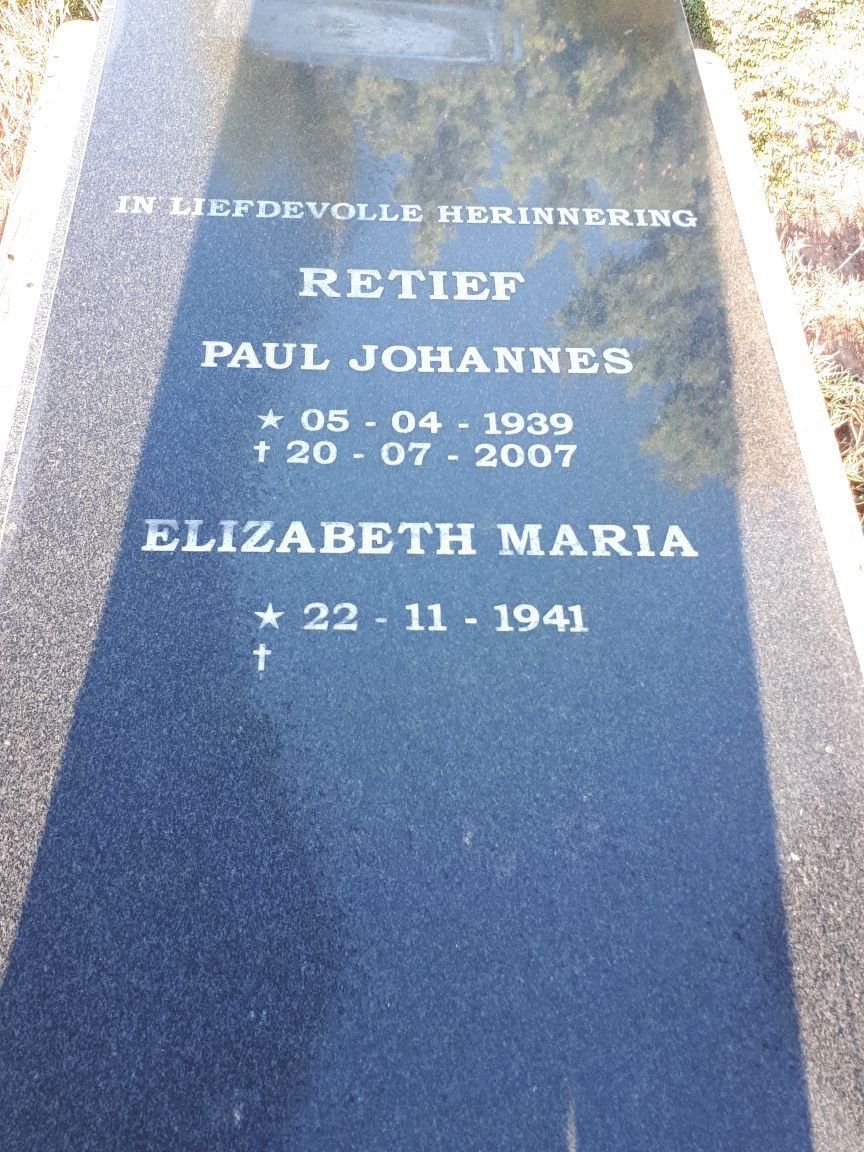 RETIEF Paul Johannes 1939-2007 &amp; Elizabeth Maria 1941-