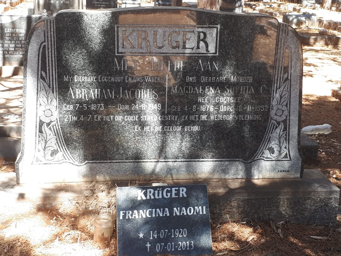 KRUGER Abraham Jacobus 1873-1949 &amp; Magdalena Sophia C. COETZEE 1876-1952 :: KRUGER Francina Naomi 1920-2013