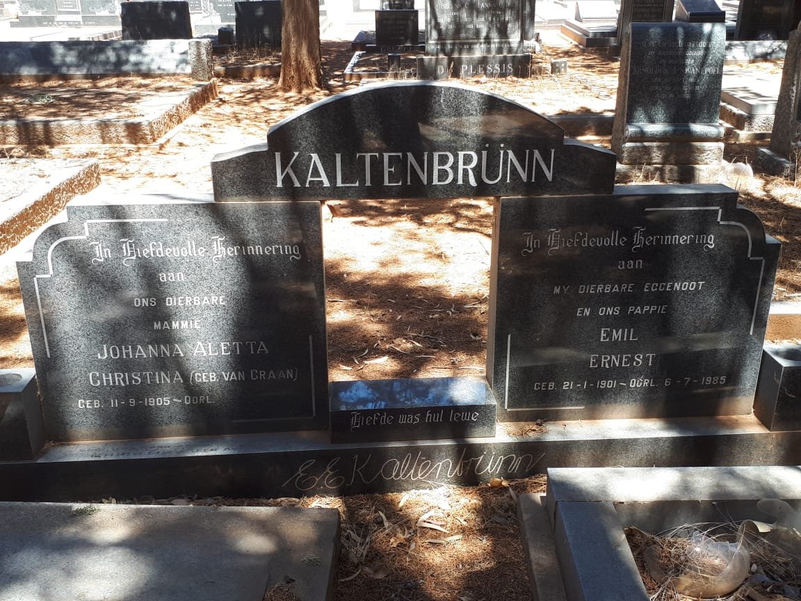 KALTENBRUNN Emil Ernest 1901-1985 &amp; Johanna Aletta Christina VAN GRAAN 1905-