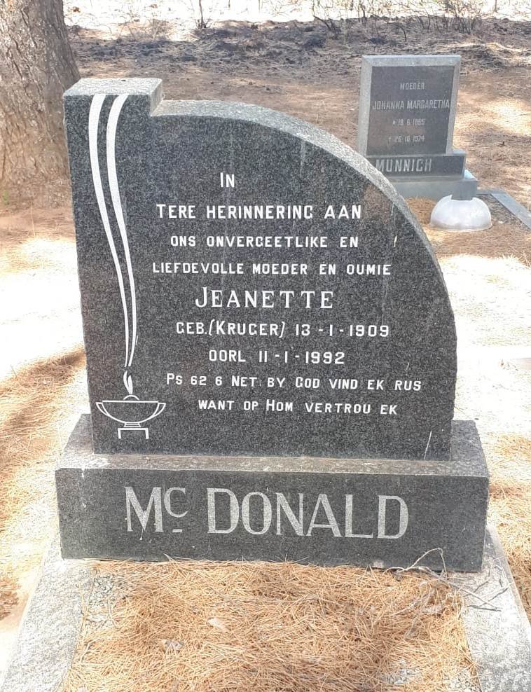 MCDONALD Jeanette nee KRUGER 1909-1992