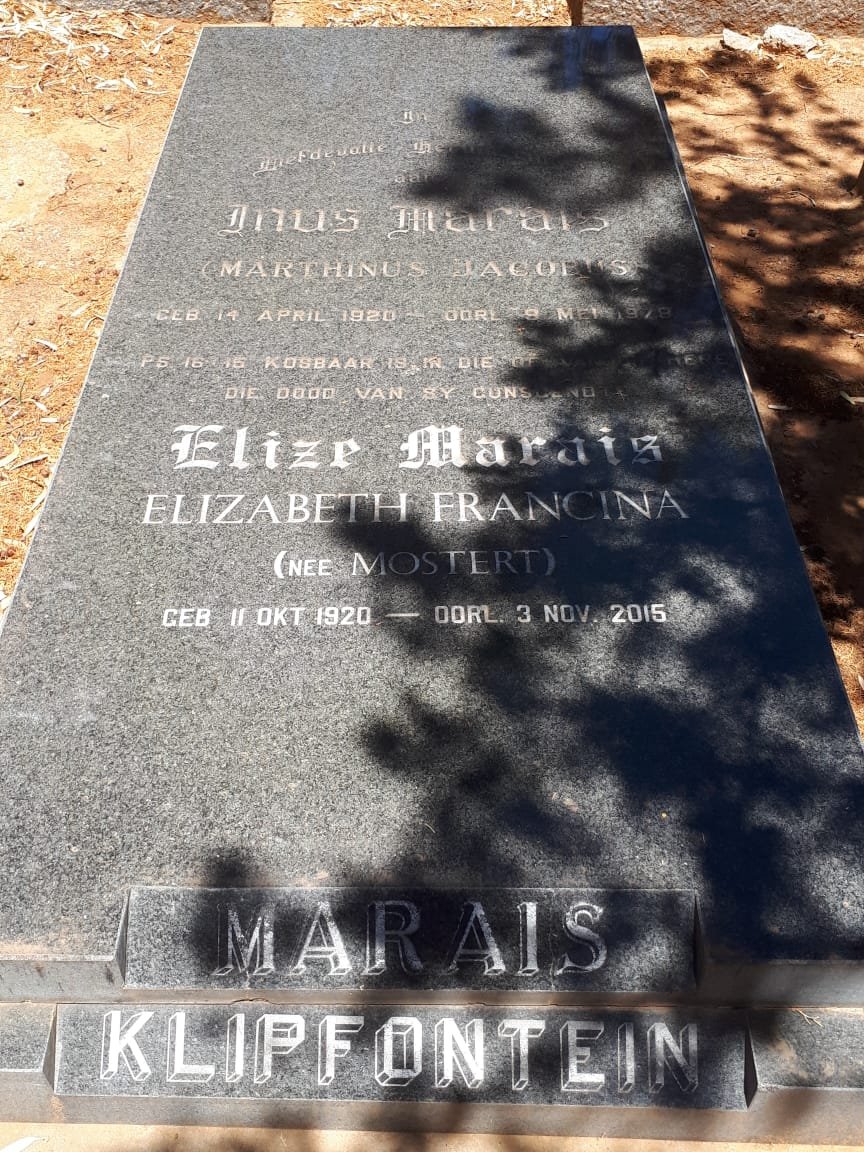 MARAIS Marthinus Jacobus 1920-1978 &amp; Elizabeth Francina MOSTERT 1920-2015