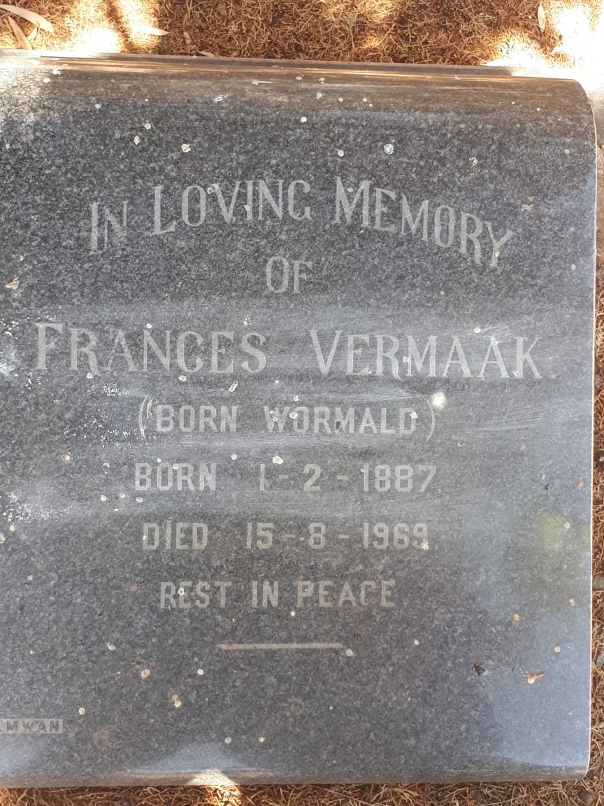 VERMAAK Frances nee WORMALD 1887-1969