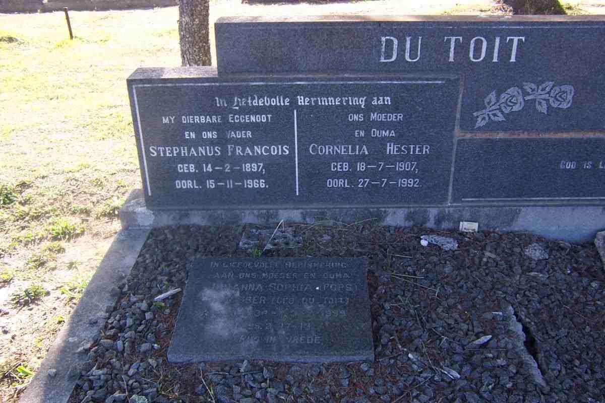 TOIT Stephanus Francois, du 1897-1966 &amp; Cornelia Hester 1907-1992 :: VISSER Johanna Sophia nee DU TOIT 1934-1999