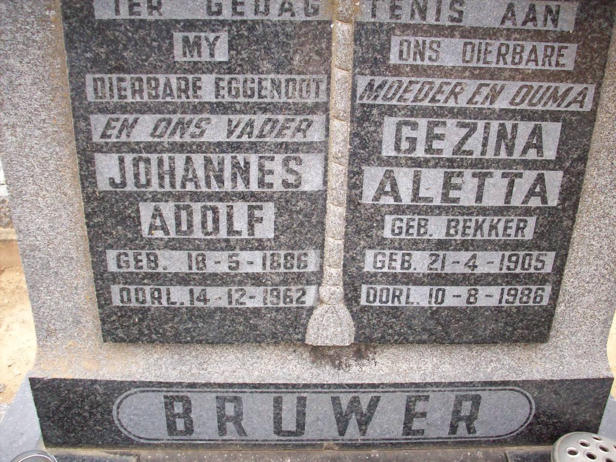 BRUWER Johannes Adolf 1886-1962 &amp; Gezina Aletta BEKKER 1905-1986