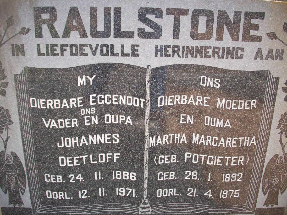RAULSTONE Johannes Deetloff 1886-1971 &amp; Martha Margaretha POTGIETER 1892-1975