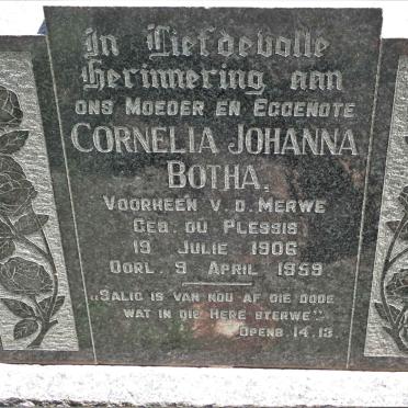 BOTHA Cornelia Johanna voorheen V.D. MERWE nee DU PLESSIS 1906-1959