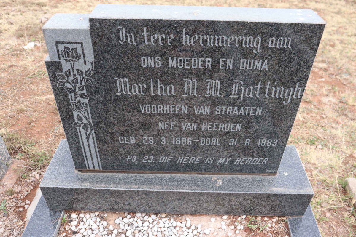 HATTINGH Martha M.M. voorheen VAN STRAATEN nee VAN HEERDEN 1896-1983