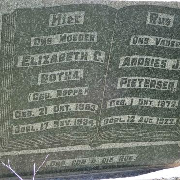 PIETERSEN Andries J. 1873-1922 &amp; Elizabeth C. Botha NOPPE 1883-1934
