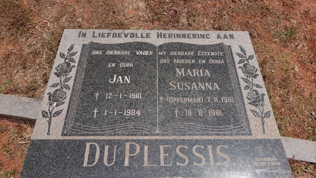 PLESSIS Jan, du 1910-1984 & Maria Susanna OPPERMAN 1916-1981